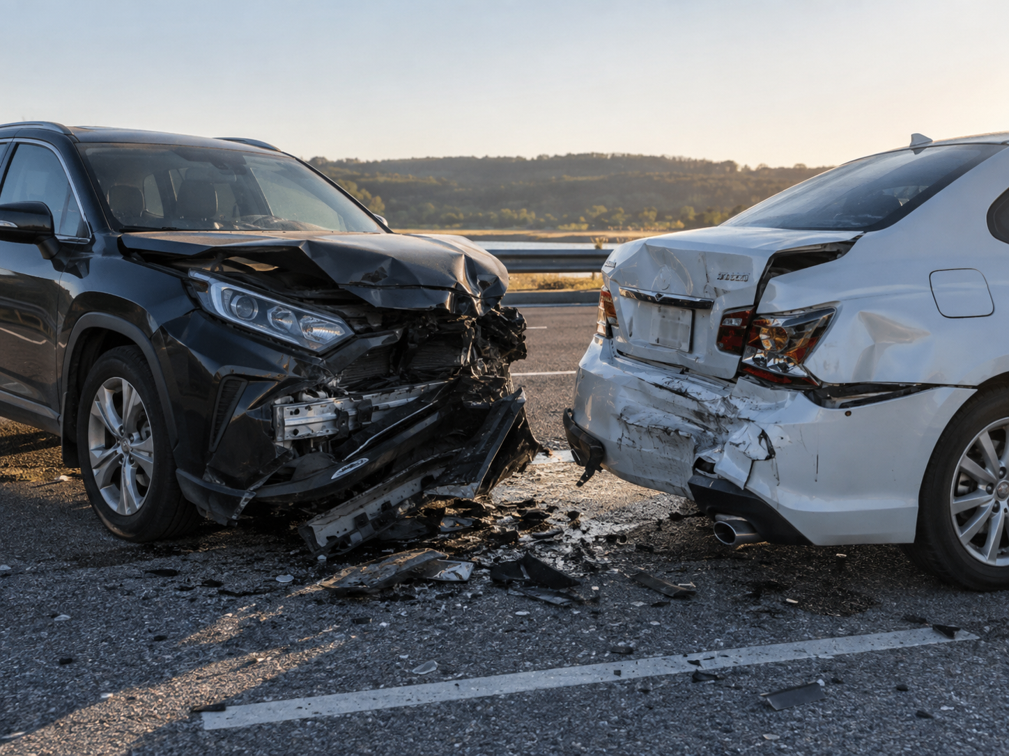 A driver on the phone beside a dented car after a minor collision