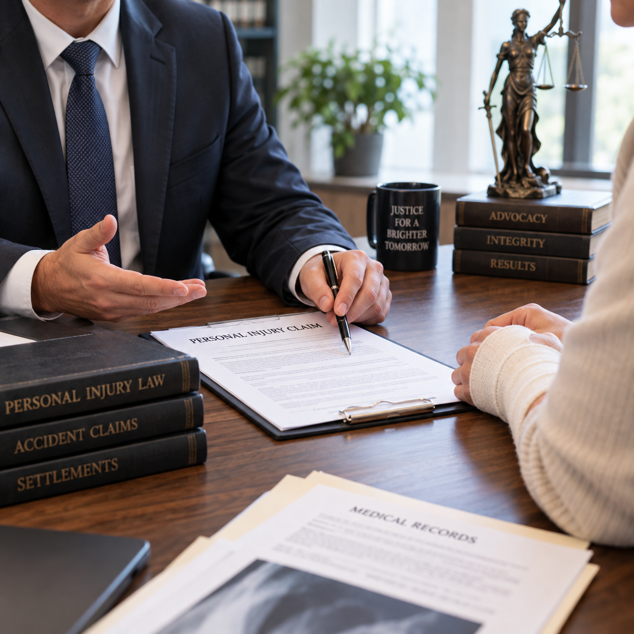 An attorney reviewing a case file with a client across a desk