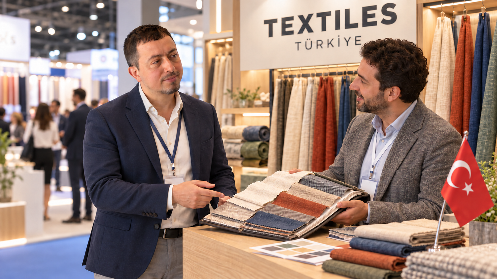 English–Turkish Exhibition Interpreting in London for Turkish Exhibitors at UK Trade Shows A Turkish textile exhibitor and an English-speaking visitor reviewing fabric samples at a Textiles Türkiye trade fair stand