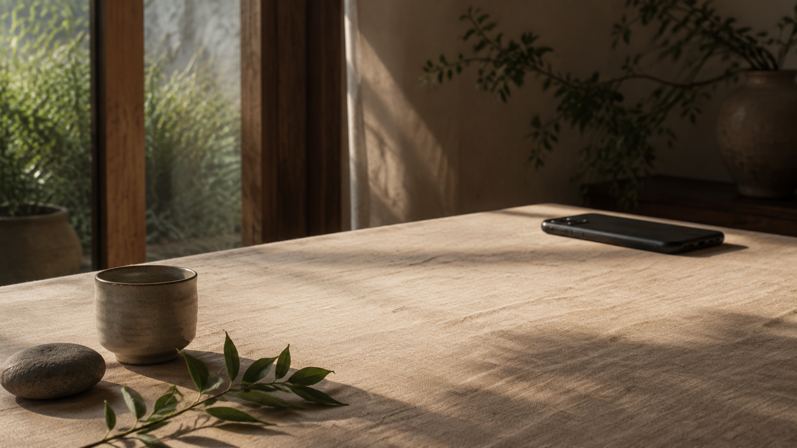 Serene wooden table with ceramic cup, smooth stone, green plant sprigs, and soft natural light streaming through windows—representing genuine restorative rest