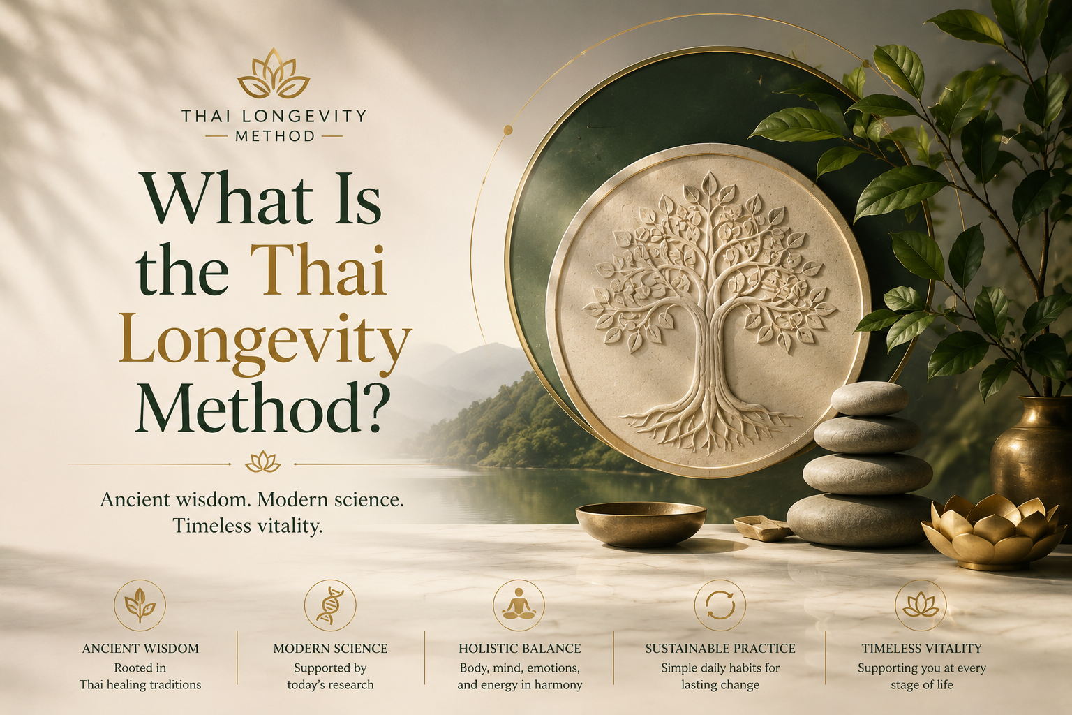 Warm editorial still life representing the five elements of the Thai Longevity Method