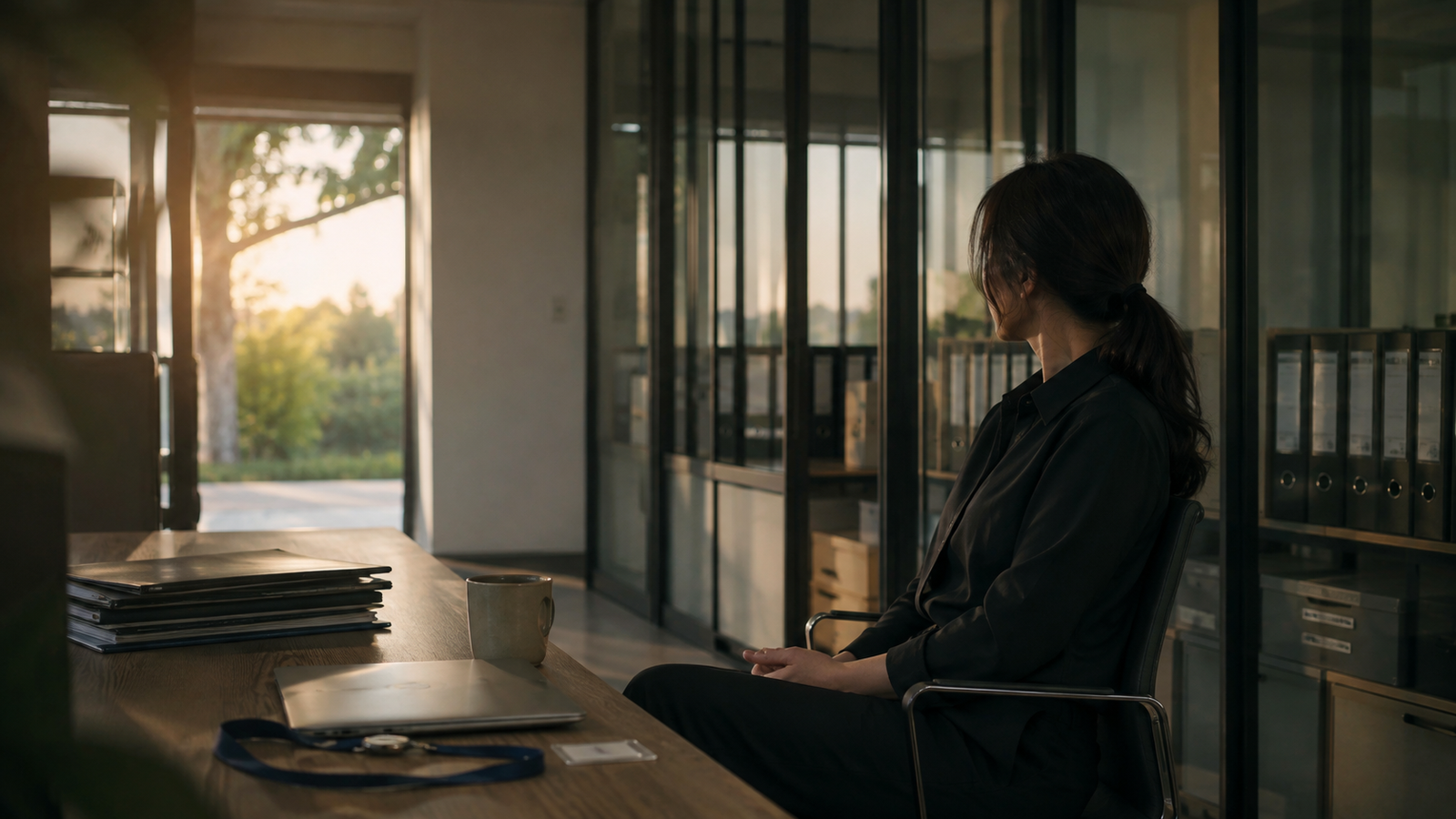 Woman at a wooden desk in a modern light-filled office with floor-to-ceiling windows overlooking a garden at golden hour, wearing dark professional clothing, looking thoughtfully toward the window with soft natural light streaming in—conveying pause, reflection and the possibility of recovery and renewal