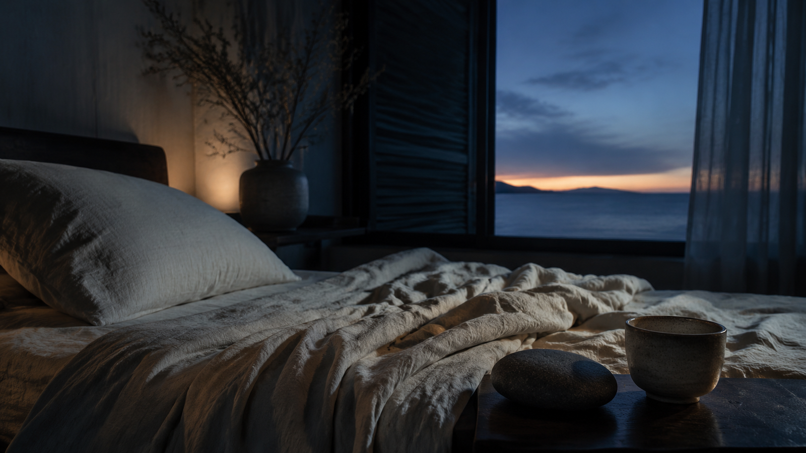 Serene bedside scene at twilight with soft pillows, textured bedding, ceramic cup, smooth stone, and window overlooking calm ocean at dusk