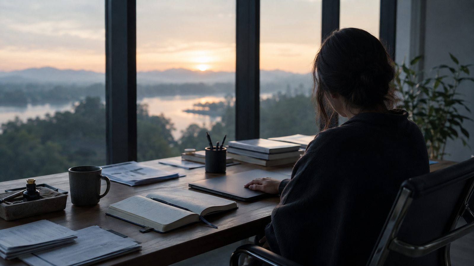 Person at a desk at sunset looking out over a landscape with water and mountains, with notebooks, a cup, and plants—evoking pause, perspective and the view beyond relentless work