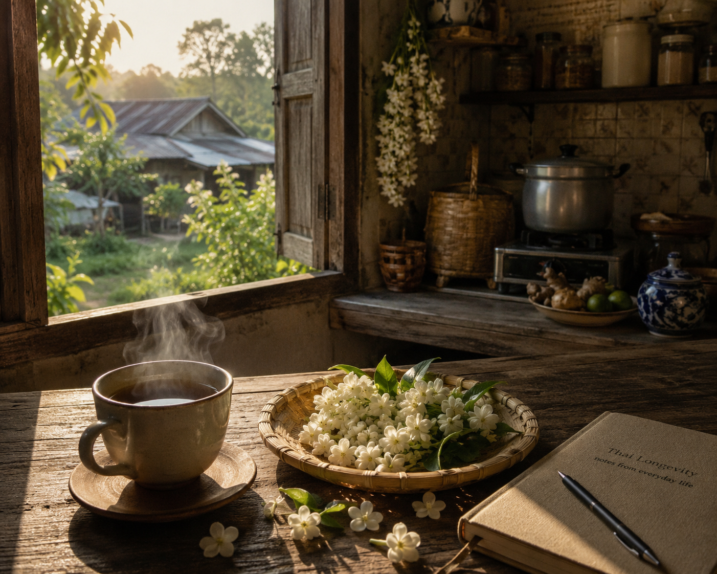 Serene Thai kitchen with traditional wooden interior, tea, jasmine flowers, and handwritten journal