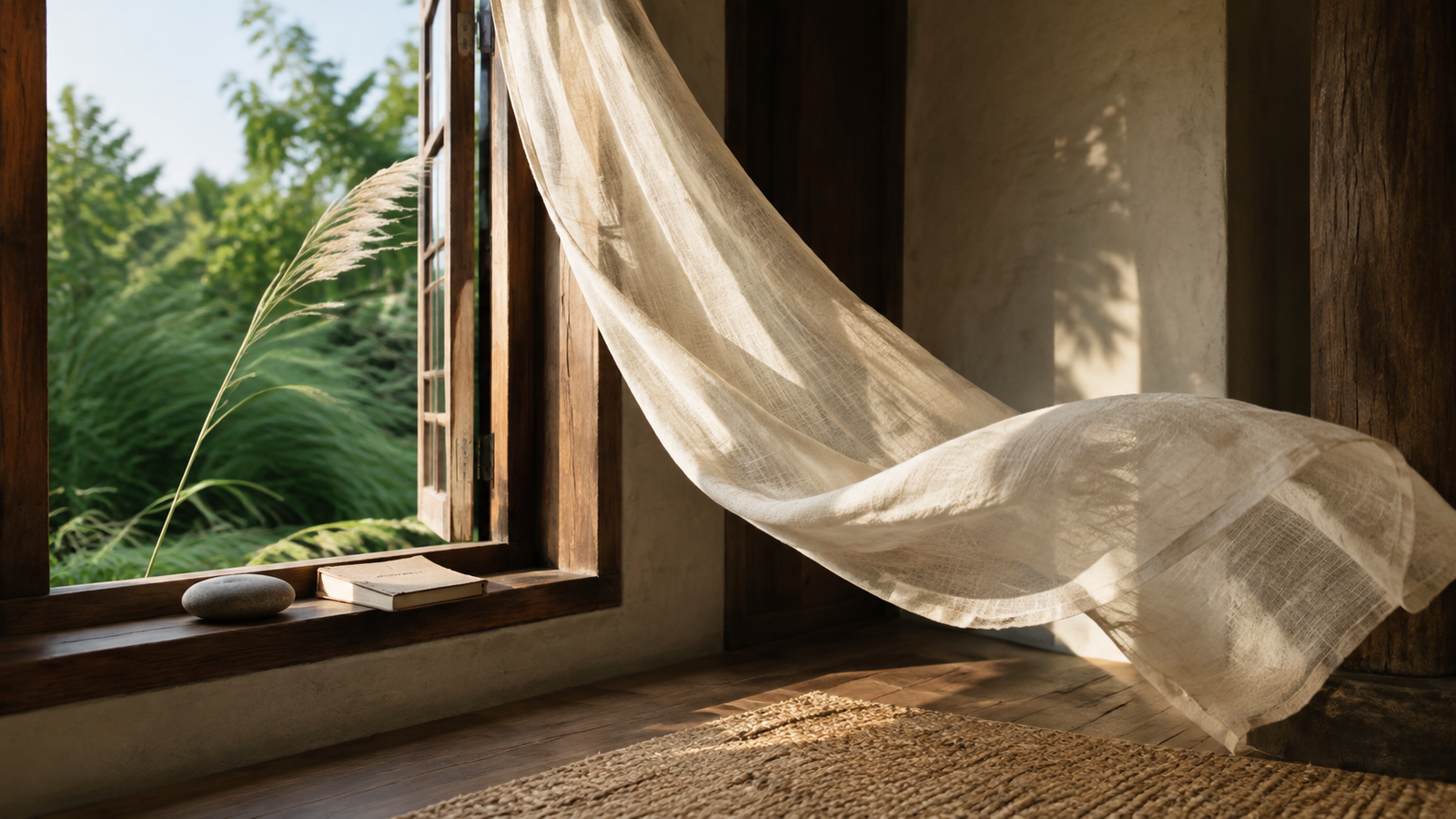 Serene interior space with warm wooden window frame, sheer cream curtains flowing gently, smooth stone and open book on windowsill, lush green foliage outside, natural sunlight streaming through, and woven natural-fiber mat—evoking movement, rhythm, settling and the balance between flow and stillness