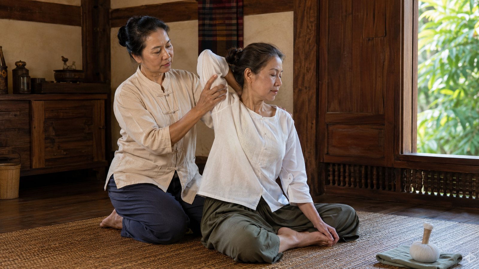Traditional Thai massage session in a serene setting with natural light, earth tones, and cultural elements