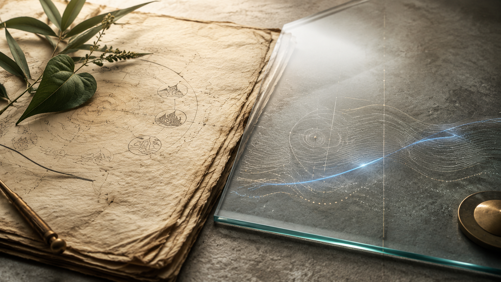 Traditional botanical manuscript pages with hand-drawn elemental diagrams beside modern scientific data visualization with blue waveforms and grid patterns