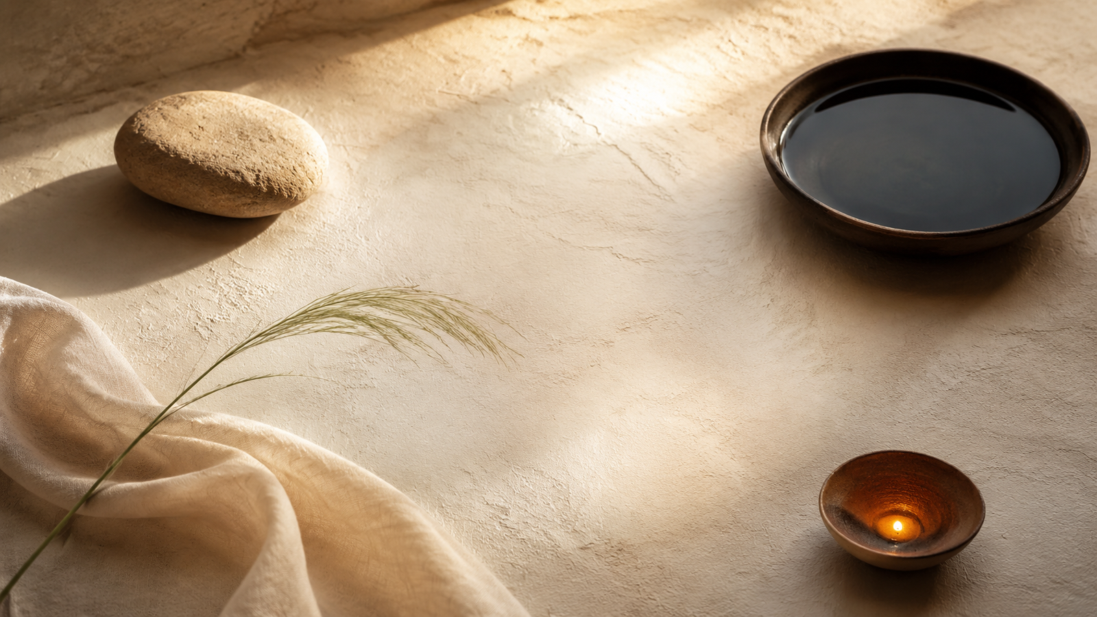 Serene minimalist composition with smooth stone, bowl of dark liquid, warm candle light, dried grass, and cream fabric on textured pale surface—evoking the four elements and their qualities