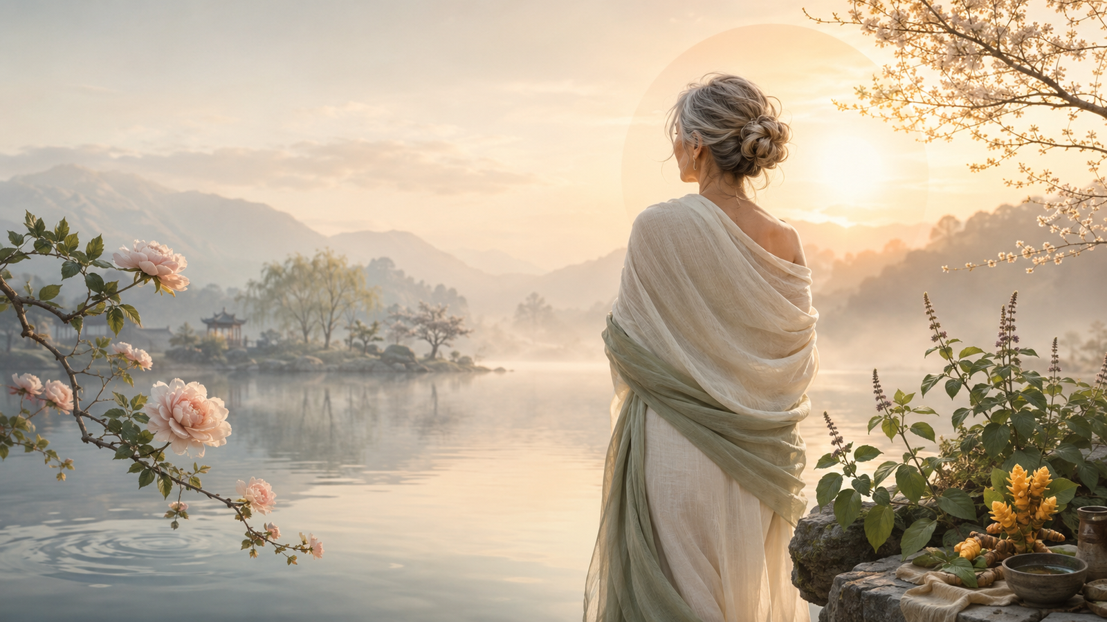 Serene woman at sunrise symbolising the transition into her Second Spring, in muted sage and gold tones.