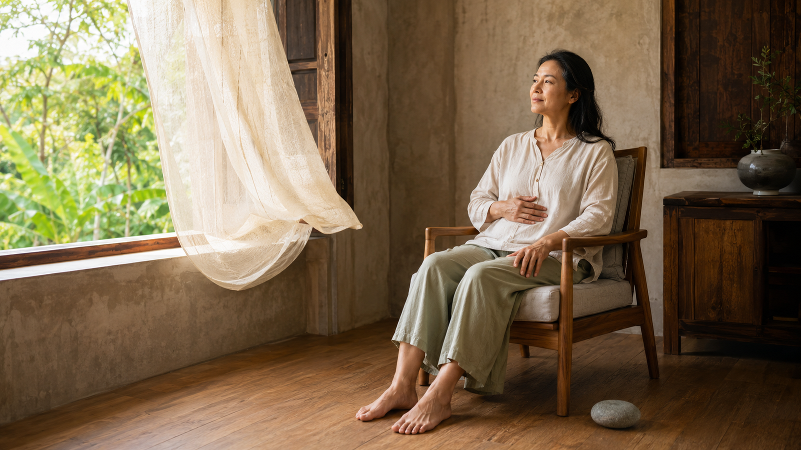 Woman seated in a wooden chair in a serene, minimalist interior space with warm earth tones, soft cream curtains flowing from a window with green foliage visible outside, natural light streaming in, a smooth stone on the wooden floor, and a ceramic vessel on a wooden table—evoking the practice of settling, support, and the balance between movement and stillness