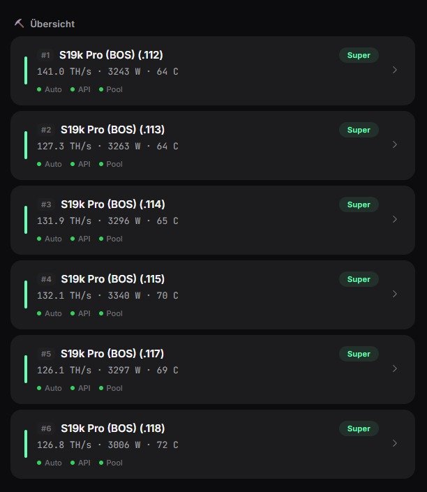 Miner-Übersicht mit Hashrate und Leistung