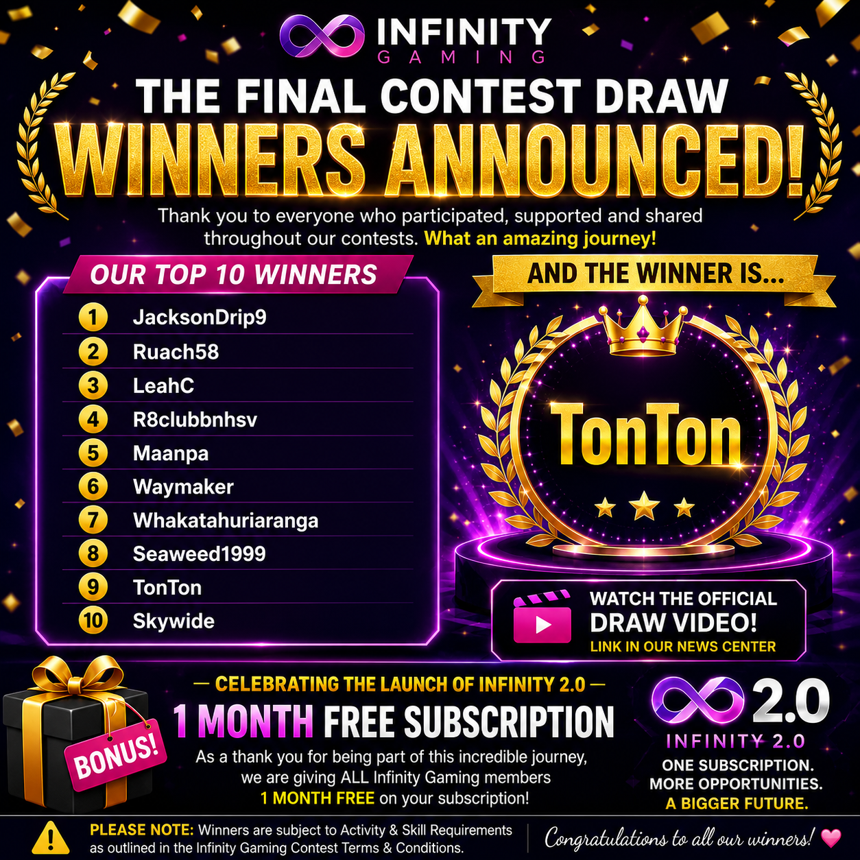 ๐ THE FINAL INFINITY GAMING CONTEST DRAW โ WINNERS ANNOUNCED!