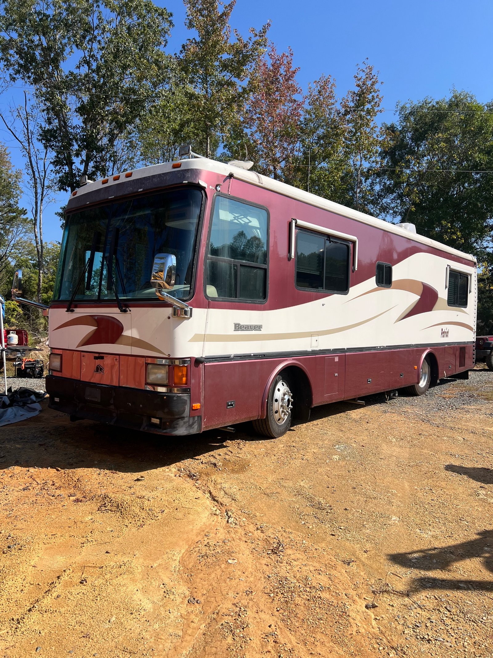 1997 Beaver Patriot Savannah Class A diesel motorhome, maroon and cream, in for CAT 3126B repair at Maples Diesel in Albemarle, NC