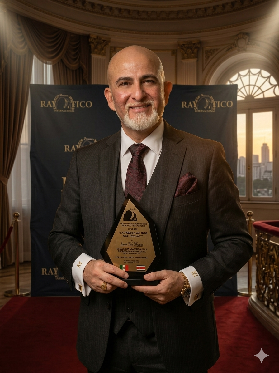 Ismael Neri Mayorga, Fundador de Escuela de Masaje Patli, sosteniendo trofeo La Presea de Oro Ray Tico Internacional