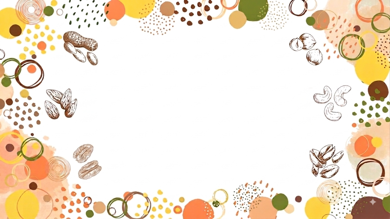 Cadre illustré aquarelle — cercles, points et fruits à coque — Plaisirs Pralinés