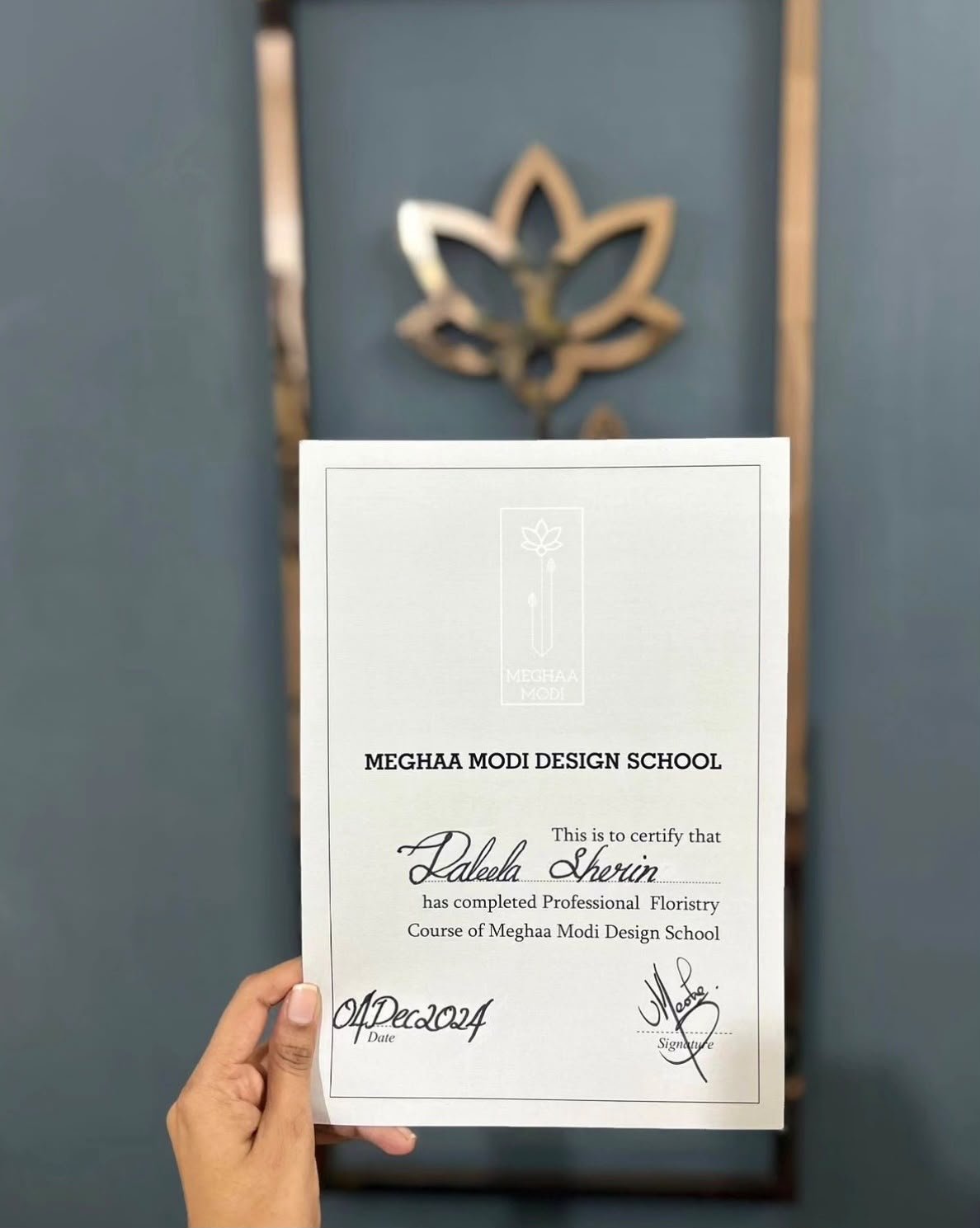 Professional Floristry certificate from Meghaa Modi Design School held by the CHLORIS founder