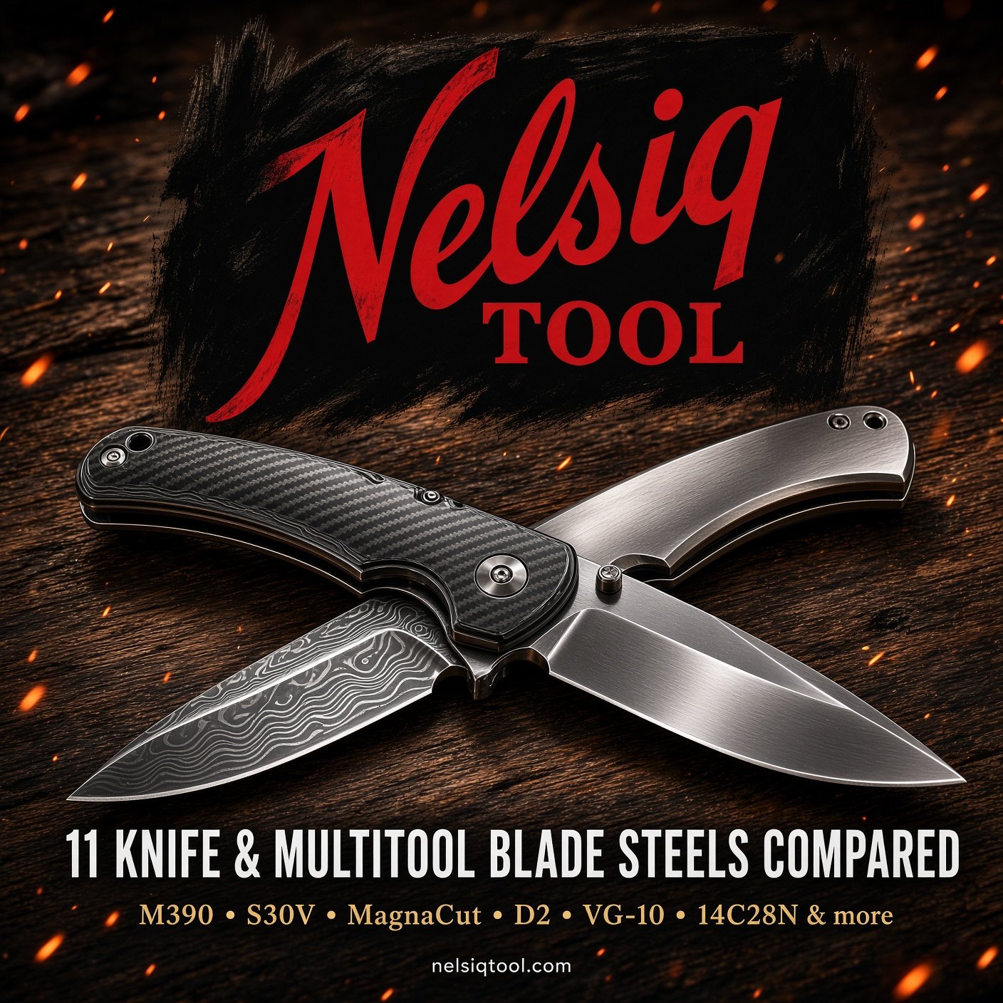 Crossed folding knives on a wood bench under the Nelsiq Tool logo, headlined 11 knife and multitool blade steels compared, listing M390, S30V, MagnaCut, D2, VG-10, and 14C28N.