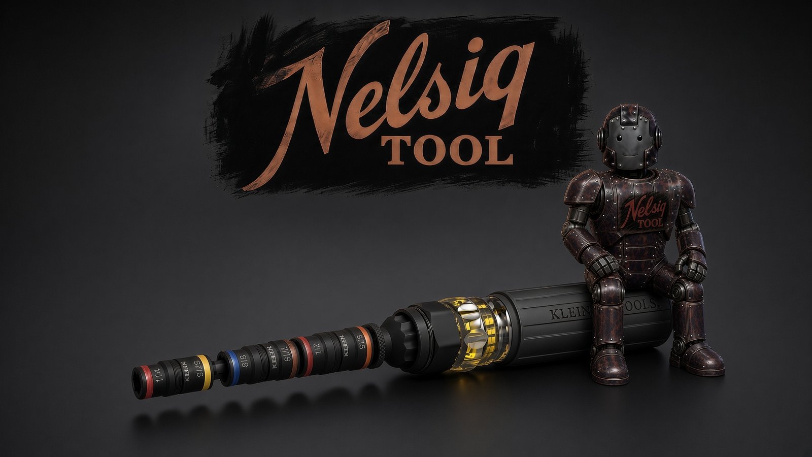 A riveted copper-brown bench robot sitting on a Klein impact flip-socket driver beneath the Nelsiq Tool script logo.