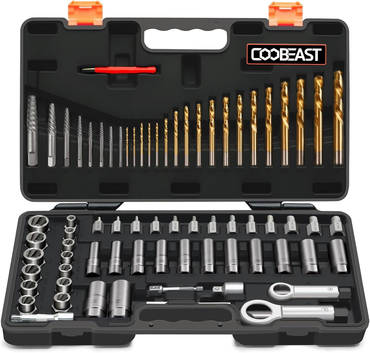 Coobeast 72pcs Bolt Extractor Kit for Men's Gift, Easy Out Screw Extractor Set, Lug Nut Removal Tool with Left Hand Drill Bit Set for Removing Damaged, Frozen, Rusted, Rounded-Off Bolts, Nuts & Screws — Extraction product photo