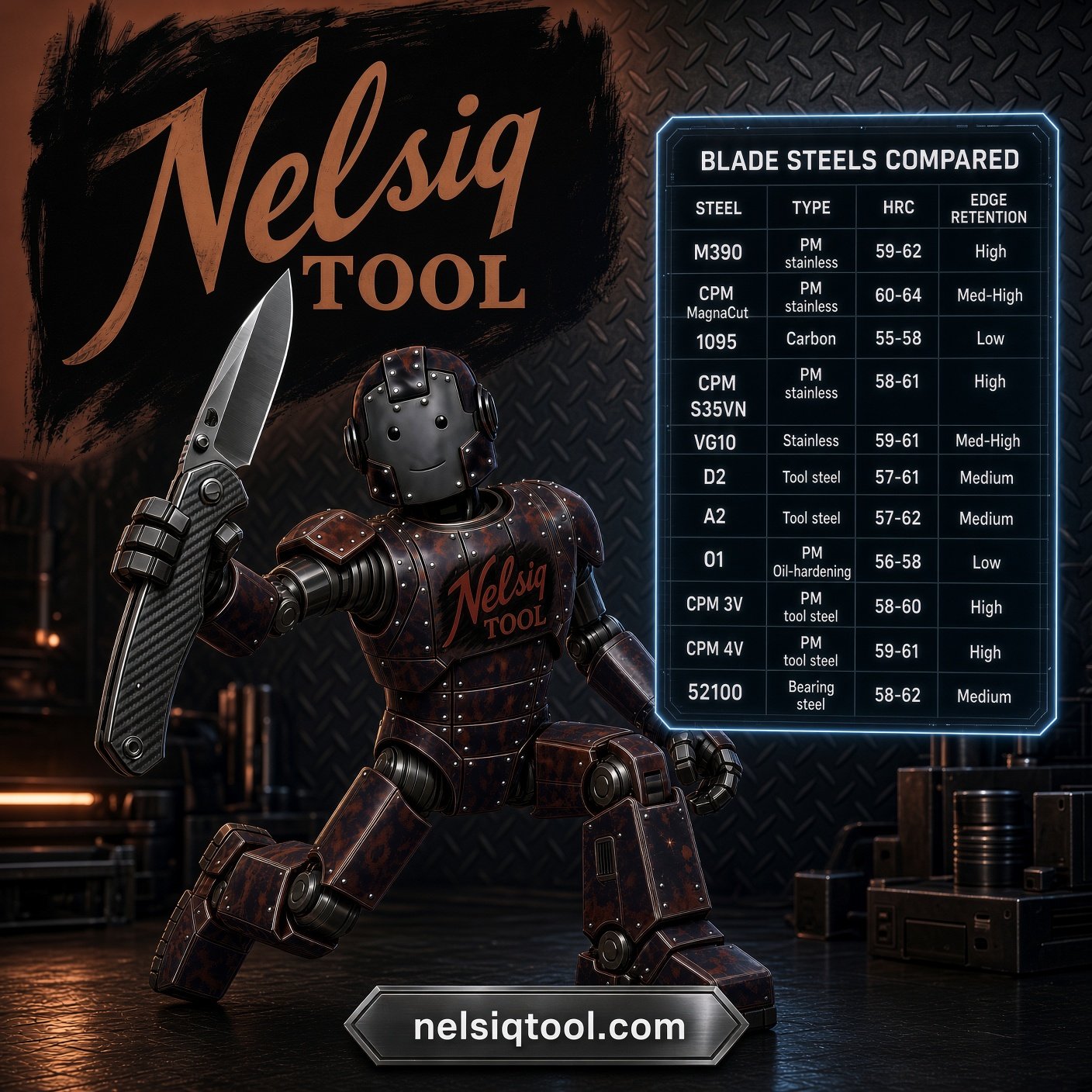 Nelsiq Tool mascot holding a folding knife beside a blade steels compared chart for M390, CPM MagnaCut, 1095, CPM S35VN, VG10, D2, A2, O1, CPM 3V, CPM 4V, and 52100.