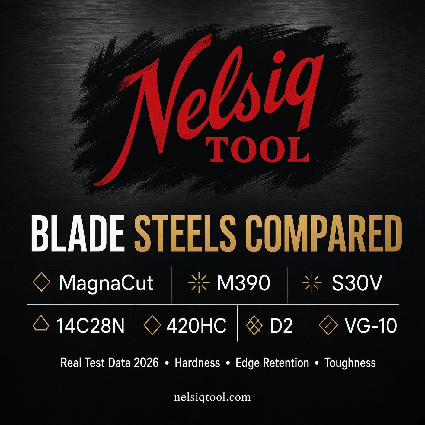 Blade steels compared infographic with 2026 hardness, edge retention, and toughness data