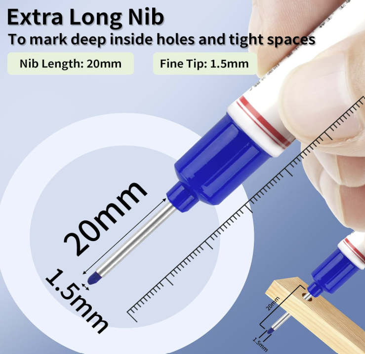 15 Pcs Long Nib Marker, 20 mm Long Head Deep Hole Marker Pens, Fine Nose Tip Deep Reach Permanent Paint Markers for Metal, Marking Pen for Drilling, Carpenter, Woodworking, Construction (Blue) — Jobsite Marking product photo