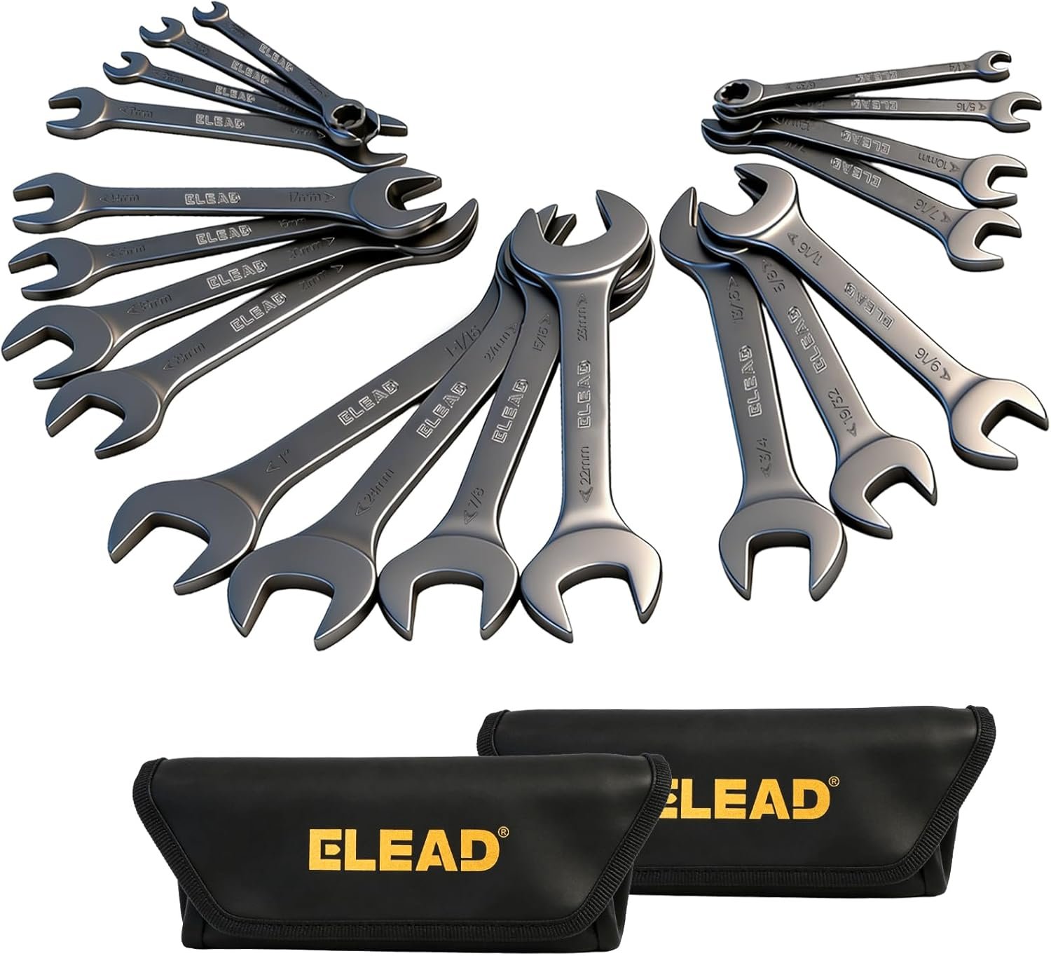 ELEAD 19-Piece Super-Thin Open End Wrench Set, Metric 5.5–27 mm & SAE 1/4"-1-1/16", CR-V Nickel Plated, 3 mm Thickness Ultra-Slim Wrench Set for Tight Spaces — Ratchets & Wrenches product photo