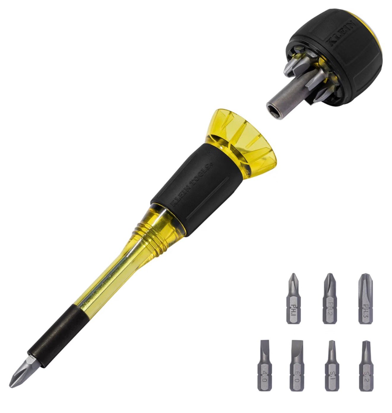 Klein Tools 32961A 8-in-1 Tru-Grip Screwdriver with Stubby, Multi-Bit Ratcheting Screwdriver with 7 Bits and 1 Nut Driver — Drivers product photo