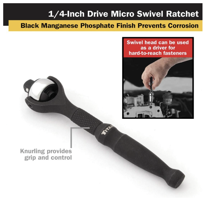 Titan 11313 1/4-Inch Drive x 4-Inch Micro 90-Tooth Swivel Head Ratchet — additional product view