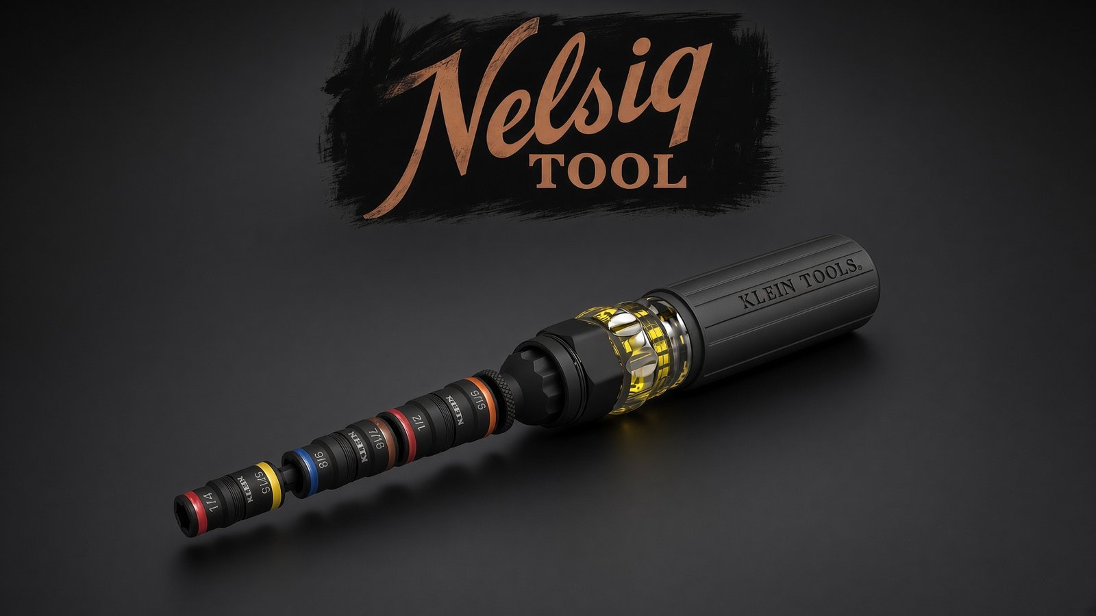 A single Klein impact flip-socket driver on a dark bench beneath the copper Nelsiq Tool script logo.