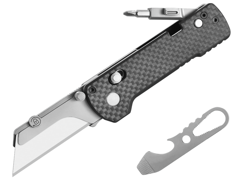 OKNIFE U1 Pro Multitool Folding Utility Knife with Folding Screwdriver, Quick Change Blade, Rail Lock & Pocket Clip for Men Women (Carbon Fiber Black) — Cutting product photo