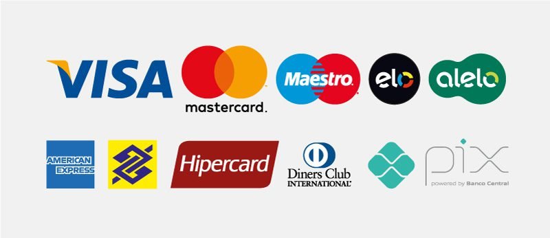 Bandeiras aceitas no atendimento: Visa, Mastercard, Maestro, Elo, Alelo, American Express, Hipercard, Diners Club International, cartões de benefícios e Pix.