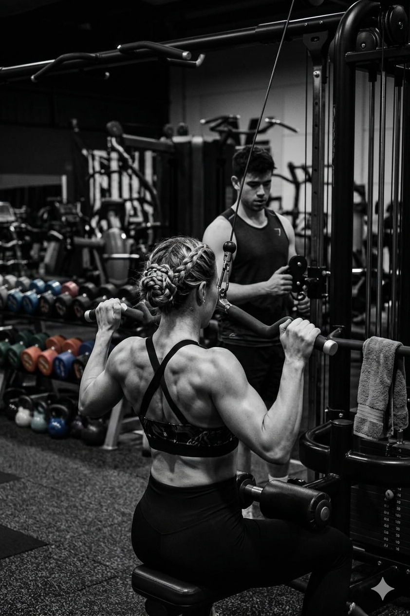 Female trainer performing lat pulldown with professional spotting