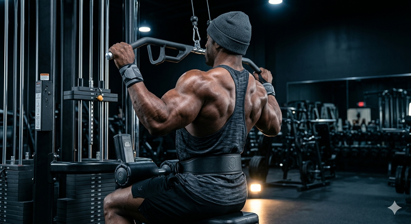 Male trainer performing cable machine lat pulldown exercise