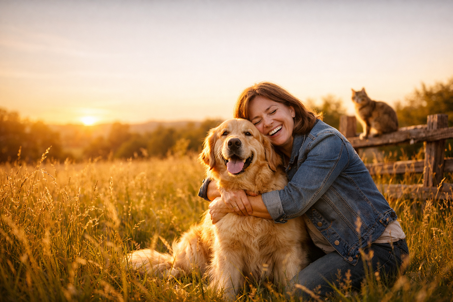 Frau umarmt ihren Golden Retriever