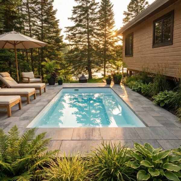 Piscine rectangulaire turquoise avec terrasse en béton gris, chaises longues en bois, parasol beige, arbres forestiers en arrière-plan, ambiance naturelle et intime