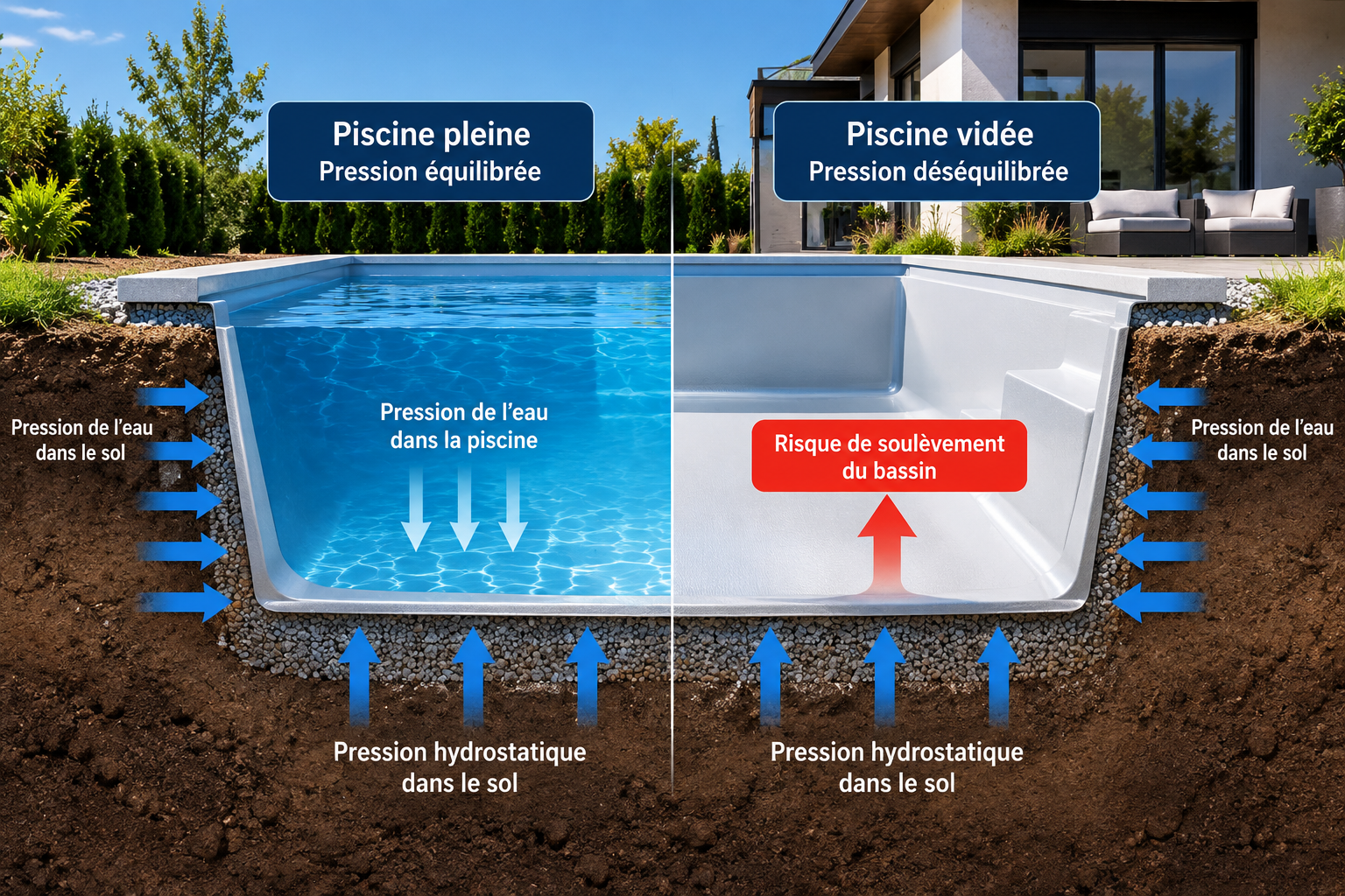 Schéma pression hydrostatique : piscine pleine pression équilibrée versus piscine vidée risque de soulèvement du bassin