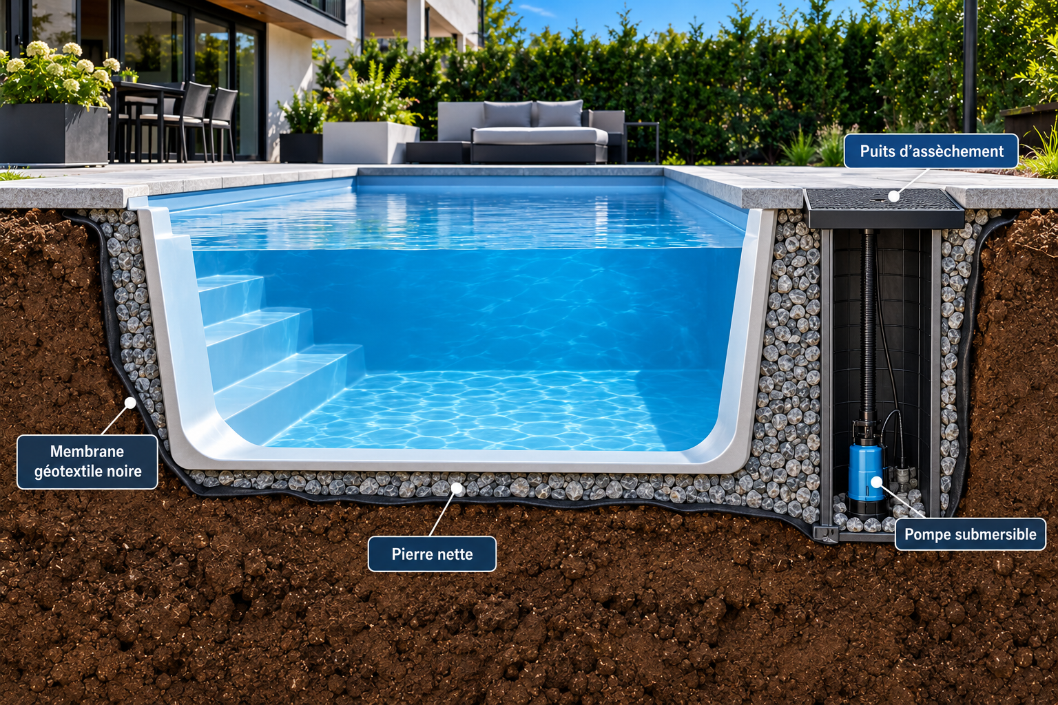 Coupe technique d’une piscine en fibre de verre avec membrane géotextile, pierre nette, puits d’assèchement et pompe submersible