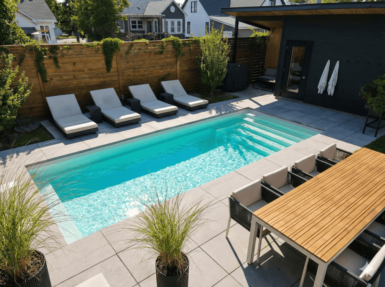 Modern residential pool with turquoise water, light gray concrete patio ...