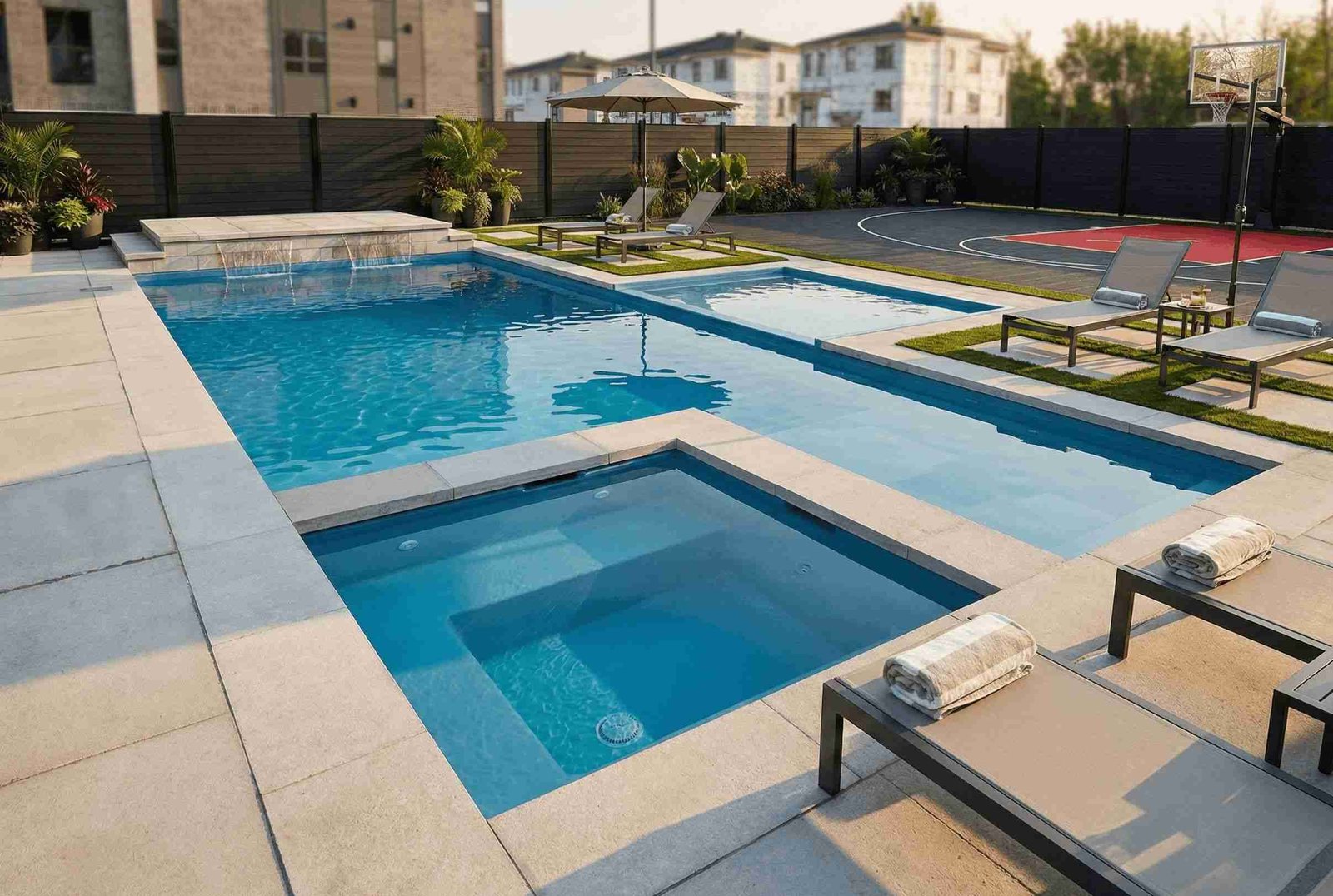 Piscine fibre de verre 14x36 — Aqua — aménagement paysager — clôture — réalisation Piscine Riviera