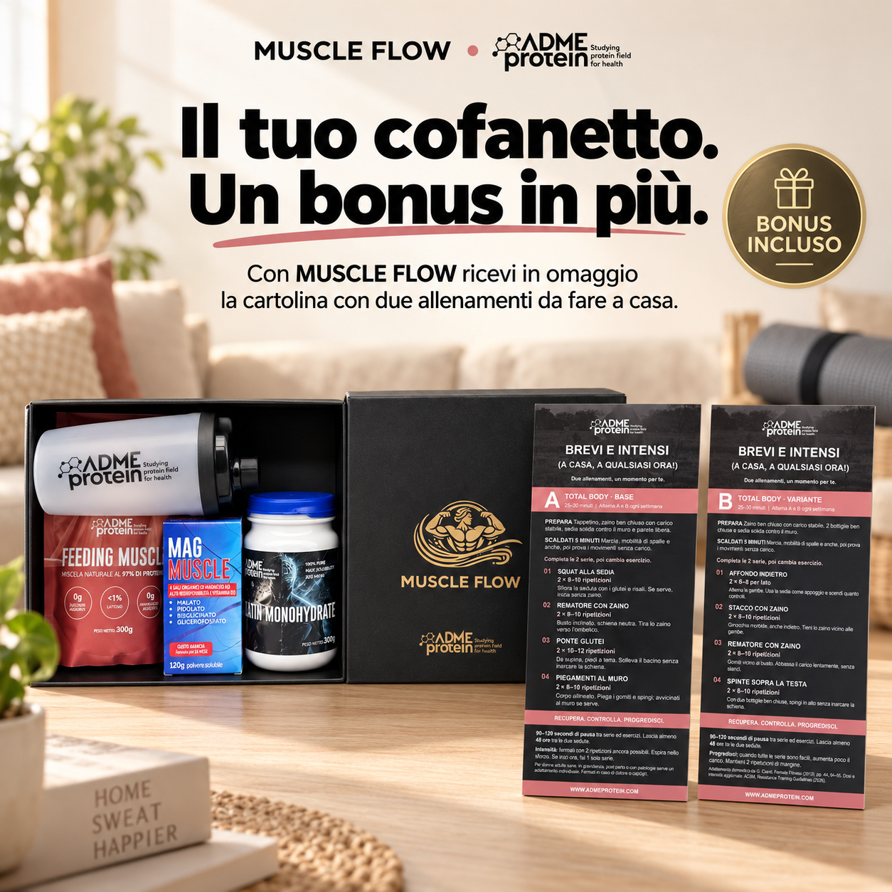 Bonus MUSCLE FLOW: cartolina con due allenamenti brevi e intensi da fare a casa