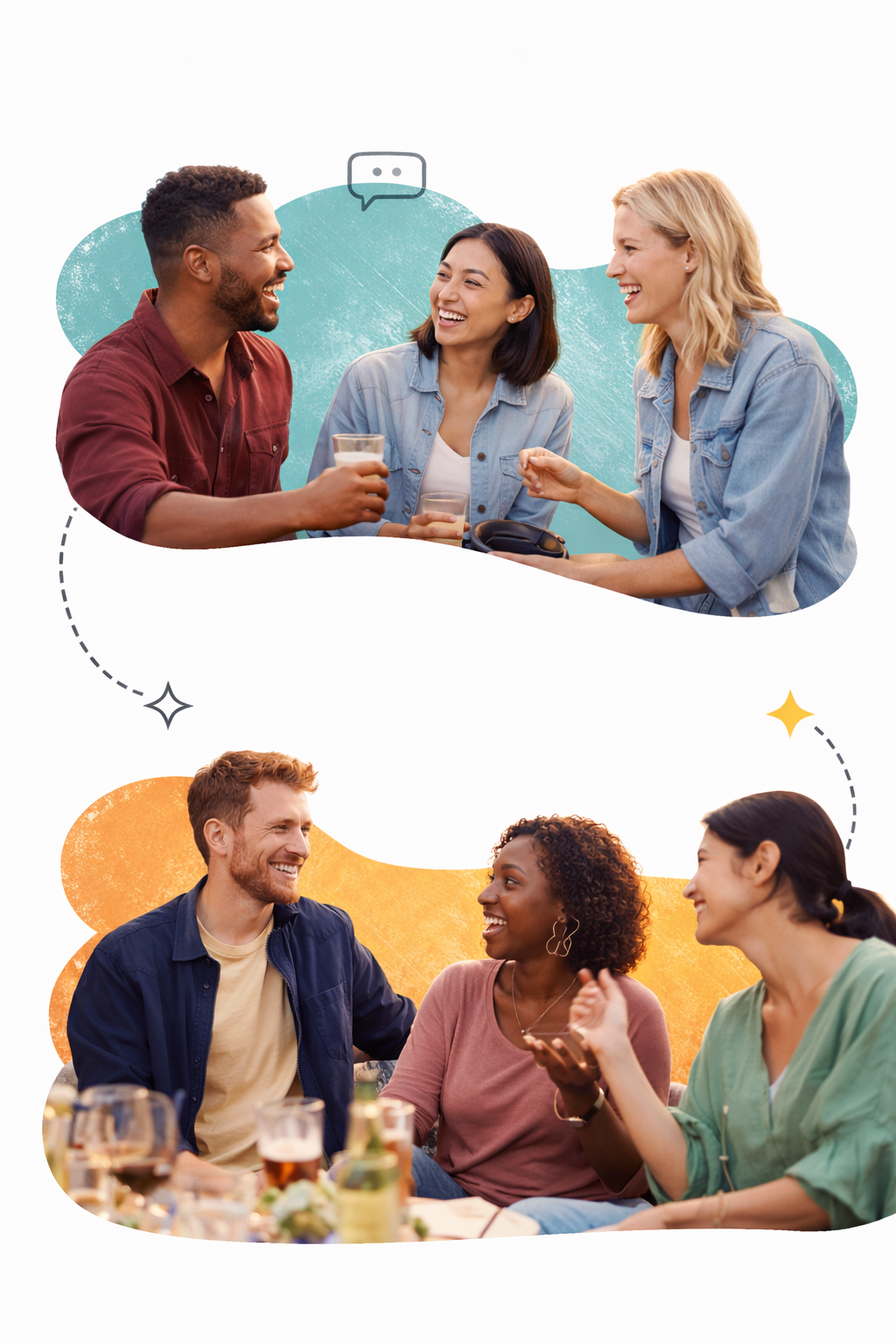 Two groups of diverse people having conversations - top group chatting with speech bubble icon and teal background, bottom group dining together with orange background, connected by decorative dashed lines and star elements