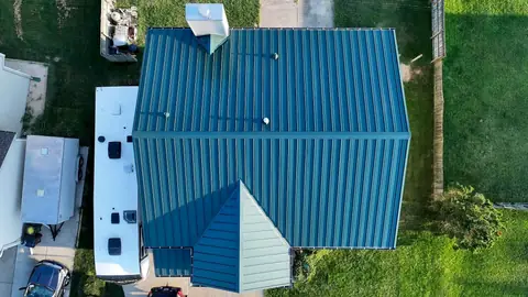 Top-down aerial of a finished standing-seam metal roof in Xenia, Ohio
