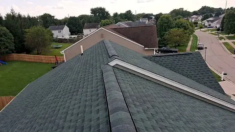 Drone view along the ridge of a GAF Timberline HDZ roof in Hunter Green in Xenia, Ohio