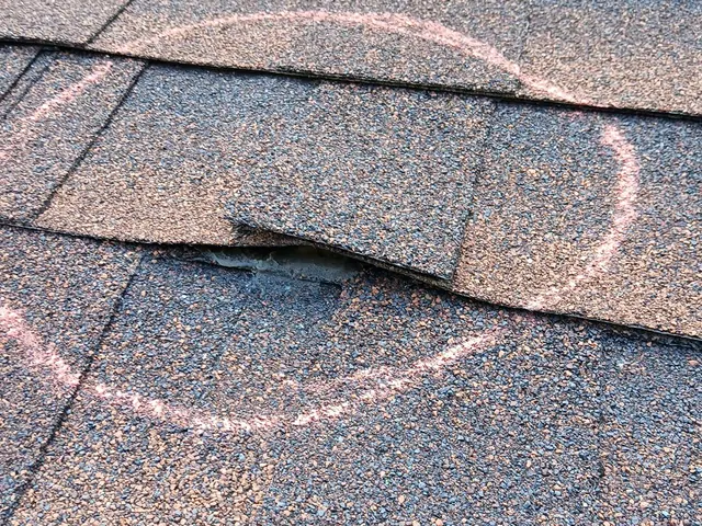 Chalk circle around a lifted, damaged shingle found during a Cincinnati, Ohio roof inspection