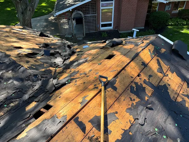 Old shingles torn off down to the wood deck during an XPRO ELITE roof replacement in Kettering, Ohio