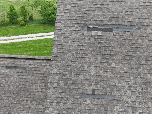 Drone close-up of displaced shingles found during a storm inspection in Hamilton, Ohio