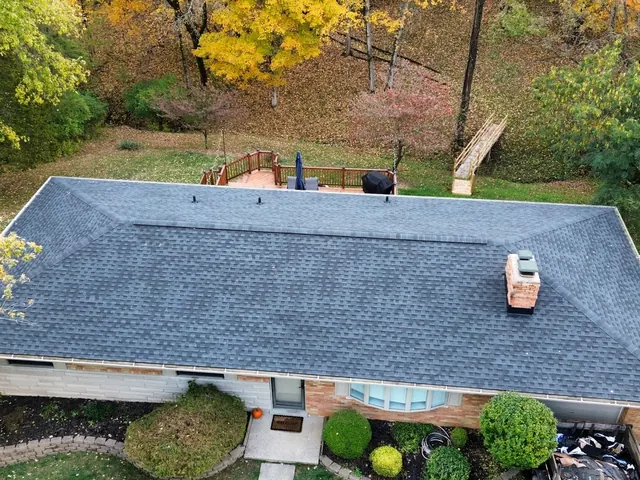Drone view of a finished XPRO ELITE roof replacement on a ranch home in Milford, Ohio