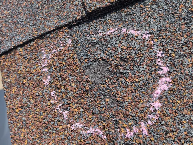 Pink chalk circle around a hail bruise with granule loss on a Dayton, Ohio shingle